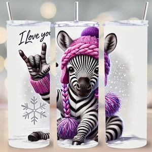 Winter Zebra ASL Tumbler Wrap PNG, 20 oz Skinny Tumbler Digitaler Download, ich liebe dich Sublimationsdesign, Deaf Zebra Seamless Wrap File
