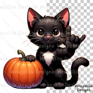 Tuxedo Cat ASL, I Love You Clip Art, Halloween Black Cat PNG, American Sign Language Clipart, ASL Junk Journal, Pumpkin