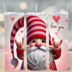 Walentynki ASL Gnome 20 oz Skinny Tumbler Wrap PNG, projekt sublimacji, znak dłoni Kocham Cię, cyfrowe pobieranie w stylu serca