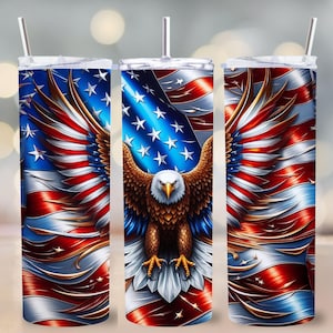 Tumbler con bandiera americana Bald Eagle PNG, design patriottico a sublimazione, tumbler sottile da 20 once, orgoglio USA, download digitale del 4 luglio