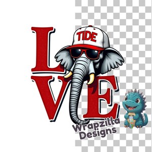 Elephant Love Clipart PNG, Red Alabama voetbalfan ontwerp, sportmascotte sublimatiebestand, klaar voor UV-DTF, digitale download artwork