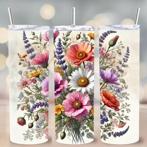 Wildflower Tumbler Wrap PNG, 20 oz Skinny Tumbler Sublimazione, Download digitale floreale, Vintage Botanical Cup Wrap, Download istantaneo