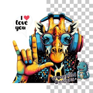 ASL girafe Clipart PNG, je t'aime langue des signes, DJ girafe Art, casque coloré Sublimation animale, fichier numérique de fierté sourde