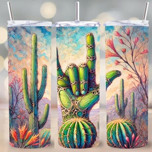 ASL Kocham Cię Kaktus Tumbler Wrap PNG, Sublimacja Pustynna dla 20 oz Skinny, Świadomość Głuchych Do Wydruku, Botaniczna Sztuka Zachodnia