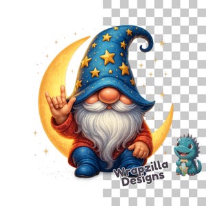Bedtime Gnome Clipart PNG, Deaf Sign Language Gnome, Moon and Stars Gnome Art, ASL Gnome Digital Download, Cute Nursery Clipart