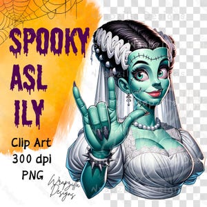 Bride of Frankenstein ASL ILY Clip Art, Horror Girl, I Love you, American Sign Language Clipart, Cute Halloween PNG