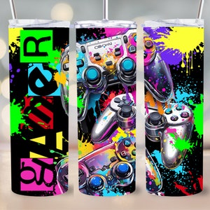 Gamer Tumbler Wrap 20oz Skinny Sublimation Design Neon Video Game Controller Gamepad Straight and Tapered PNG Instant Download 9.3&quot;x8.2&quot; Blk