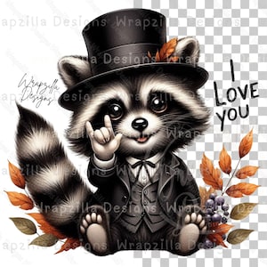 Fall Raccoon ASL I Love You Clipart, Country Raccoon American Sign Language Clipart, Raccoon in a Tuxedo