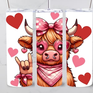 ASL Tumbler Wrap I Love You Sign Heart Highland Cow 20oz Skinny Sublimation Design Straight and Tapered PNG Instant Download 9.3"x8.2"