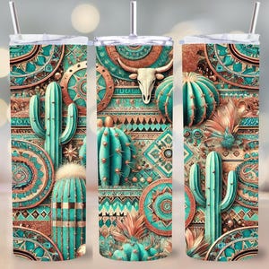 Emballage de gobelet sud-ouest PNG, 20 oz en téléchargement numérique, Sublimation Design Boho Cactus, oeuvre d'art tribal turquoise