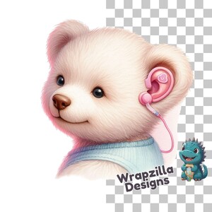補聴器のクマのクリップアート PNG、聴覚障害啓発動物アート、小児聴覚学印刷物、かわいいクマのデジタルアート、3000x3000 PNG ダウンロード、ボーナス