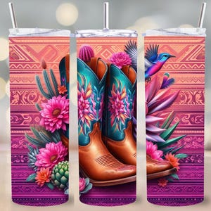 Western Cowboy Boots Tumbler Wrap PNG, 20 oz Skinny Tumbler Sublimation Design, fleurs du désert Boho téléchargement numérique sans couture