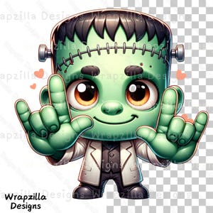 Frankenstein ASL I Love You PNG, Cute Halloween Clipart, Deaf Awareness Digital Download, Sign Language Frankenstein Art