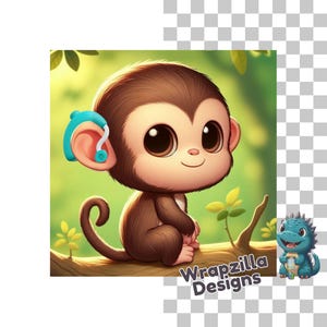 Gehoorapparaat aap clipart png, doof bewustzijn dierlijke kunst, audiologie afdrukbare, schattige baby aap, 3000 x 3000 px png, digitale download, bonus