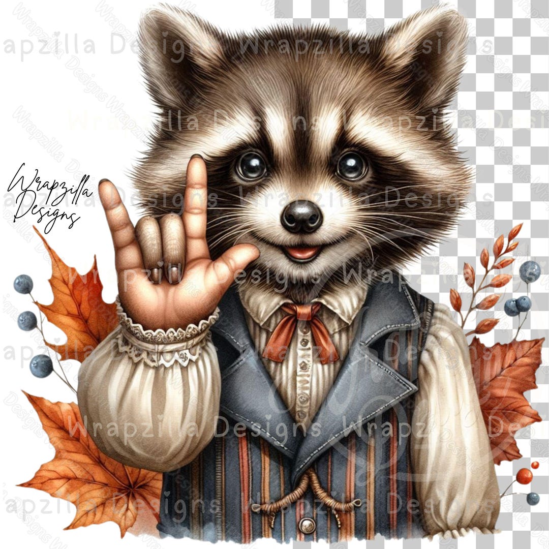 Racoon Sign Language Fall Raccoon ASL I Love You Clipart: Victorian Illustration (digital ...