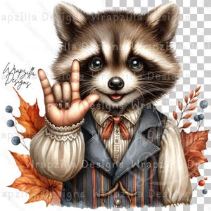 Fall Raccoon ASL I Love You Clipart, Victorian Raccoon, American Sign Language Clipart
