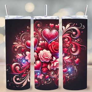 Valentijn beker wrap png, 20 oz magere beker sublimatie, romantisch hart bloemdessin, rode roos liefde digitale download