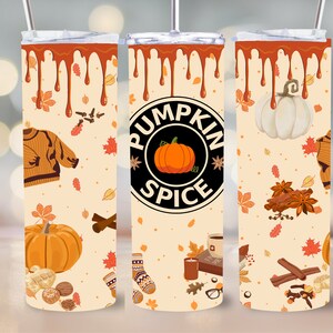 Pumpkin Spice Fall Coffee Latte 20oz Skinny Tumbler Sublimation Wrap Design Straight and Tapered PNG Instant Download Autumn 9.3&quot;x8.2&quot;