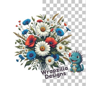 Bouquet de fleurs sauvages PNG Clipart avec coquelicots, marguerites et bleuets, motif floral patriotique imprimable pour sublimation, chemise pour mug