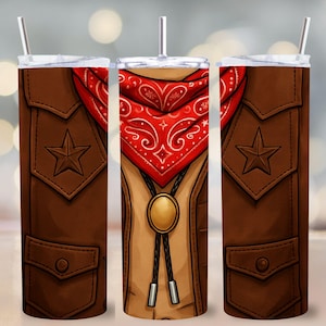 Vaso vaquero PNG, envoltura recta de 20 oz, diseño de camisa con bandana del oeste, vaso con disfraz de sheriff, envoltura de rodeo campestre, regalo divertido para el Día del Padre