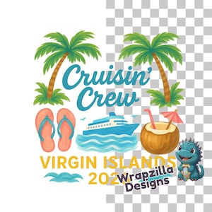 Cruisin' Crew Isole Vergini 2026 PNG, Clipart di navi da crociera tropicali, Design di magliette per vacanze in famiglia, Bevande da spiaggia, Palme, Infradito