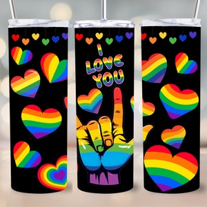 ASL Tumbler Wrap Amerykański język migowy ily Hand 20oz Chudy Sublimacja Projekt PNG Natychmiastowe pobieranie Bezszwowe Kocham Cię Tęczowa Duma Głucha