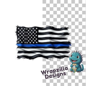May include: A blue line American flag with a thin blue stripe across the middle, waving in the wind. The flag is painted in a grunge style with black brushstrokes around the edges. The flag is on a transparent background.