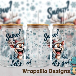 Rendierglas blikverpakking, 16oz wintermatglas, kerstsublimatieontwerp png, direct downloaden, uv dtf, ADHD-beker, sneeuw Let's Go!