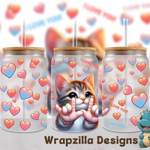 ASL 16oz Milchglas Kätzchen Katze ily Sublimation Design Wrap PNG, Amerikanische Gebärdensprache Sofortiger Download Liebe Dich Taub uv dtf
