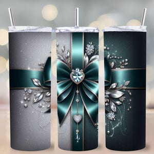 Luxe Coquette Emerald Bow Tumbler Wrap PNG, 20 oz Skinny Tumbler Sublimatie, Zilveren Glitter en Juweel Cup Wrap, Luxe digitale download