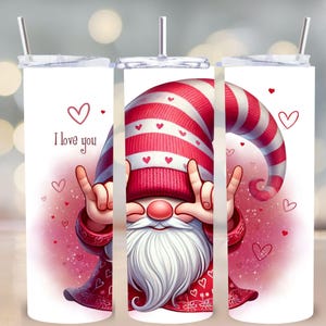 Walentynki ASL Gnome 20 oz Skinny Tumbler Wrap PNG, projekt sublimacji, znak dłoni Kocham Cię, cyfrowe pobieranie w stylu serca