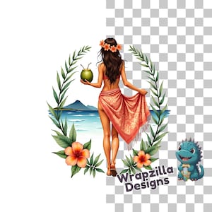 Chica de isla tropical PNG, Clipart de chica playera con bebida de coco, pareo hawaiano y flores de hibisco, Descarga digital de sublimación de verano