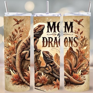 Envoltorio para vaso de mamá de dragones barbudos PNG, diseño de sublimación delgada de 20 oz, arte de mamá reptil, tema de reptil de naturaleza rústica, regalo para amantes de los lagartos