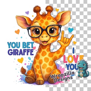 Giraffe I Love You ASL Clipart PNG, Cute Deaf Awareness Sign Language Animal Design, You Bet Giraffe Funny Digital Download