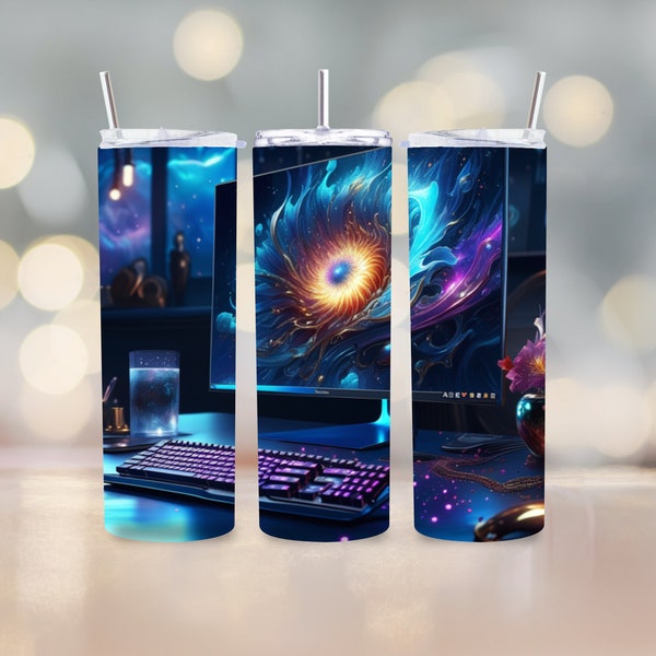 Computer Galaxy Gamer PC Art 20oz Skinny Tumbler Sublimation Wrap Design Straight and Tapered PNG Instant Download Gamer 9.3"x8.2"