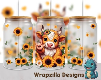 ASL Sunflowers Highland Cow 16oz Glass Can Sublimation Design (PNG)