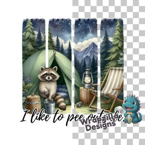Mapache divertido para acampar (PNG), diseño "Me gusta orinar al aire libre", arte forestal con carpa para exteriores, sublimación de animales salvajes adorables, humor de campista
