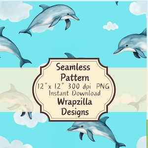 Motif sans couture dauphin PNG, motif répété animal océan mignon, fond numérique ciel bleu et nuages, tissu pour enfants & téléchargement des cliparts été