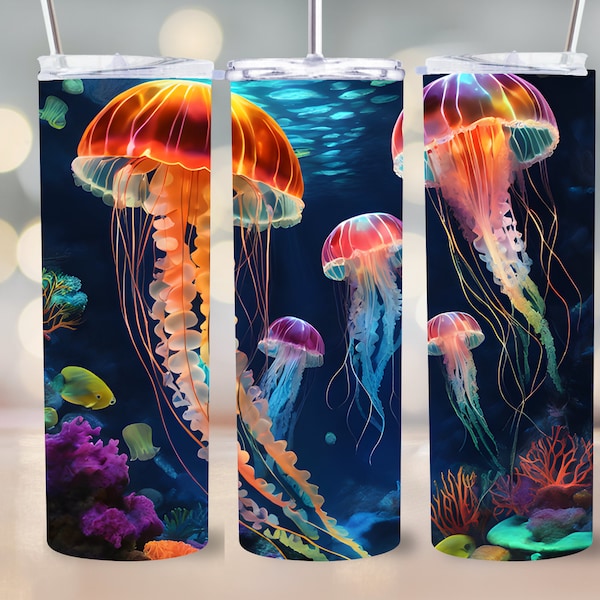 Jellyfish Tumbler Wrap Glowing Neon 20oz Skinny Sublimation Design Instant Digital Download PNG Straight Tapered 9.3"x8.2"