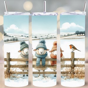 シームレスな冬の羊のタンブラーラップ PNG、雪景色のデジタルアート、かわいい農場の動物の昇華デザイン、スカーフを巻いた羊 PNG