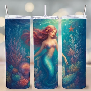 Mermaid Tumbler Wrap PNG, 20oz Skinny Tumbler Design, Enchanted Underwater Scene with Redhead Mermaid and Coral Reef, Sublimation File