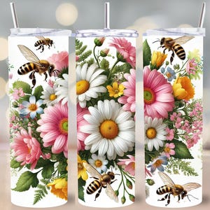 Envoltorio para vaso con diseño floral de abejas y margaritas románticas PNG, diseño de sublimación delgada de 20 oz, arte de flores silvestres y abejas, envoltorio imprimible con temática de la naturaleza
