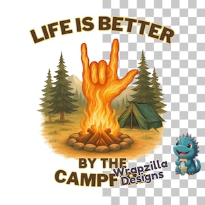 Clipart PNG del falò in ASL, La vita è migliore... Disegno a sublimazione del falò, Ti amo, Arte del campeggio con la mano che fa fuoco, Download digitale di consapevolezza della sordità