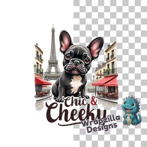 Französische Bulldogge Clipart PNG, niedlicher schicker Hund in Paris mit Eiffelturm, freche Frenchie Cafe Art für Sublimation, Aufkleber, Becher