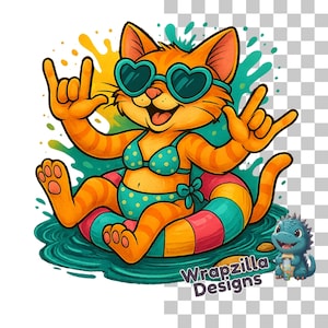ASL Cat Summer I Love You PNG, Floating Kitty Sublimation, Deaf Awareness Clipart, Cute Pool Cat Art, Bikini Cat Download