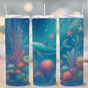 Emballage de gobelet dauphin PNG, design de gobelet skinny 20 oz, Sublimation de scène sous-marine de l'océan, vie marine des récifs coralliens Wrap PNGDesign