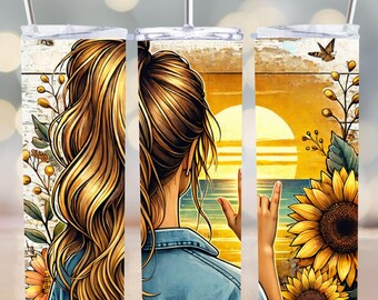 Sunflower Ocean Sunset Tumbler Wrap, ASL I Love You Hand, Coastal Scene (Digital Download)