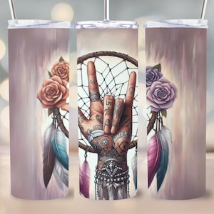 ASL Tumbler Wrap I Love You Sign Dreamcatcher Boho 20oz Skinny Sublimacja Design Prosty i zwężany PNG Natychmiastowe pobranie 9,3"x8,2"