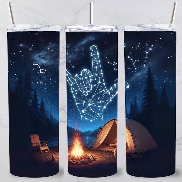 Camping ASL ily Tumbler Wrap American Sign Language in the Stars 20oz Skinny Sublimation Design PNG Instant Digital DOWNLOAD Only I Love You