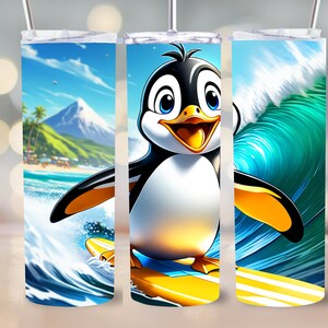 Penguin Surfing a Big Wave Design Tumbler Wrap Design Sublimation 20oz Skinny Straight Tapered PNG Instant Download Bible 9.3"x8.2"